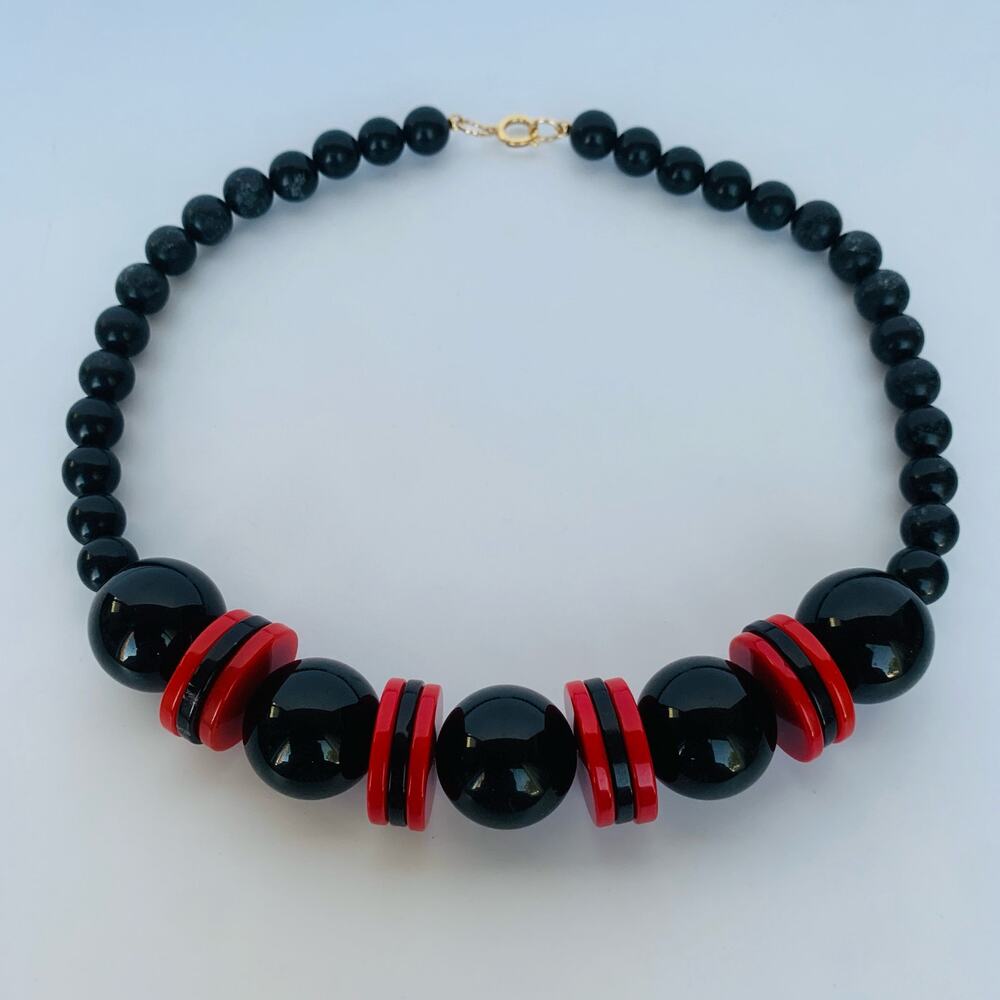 Vintage Black & Cherry Red Beaded Necklace